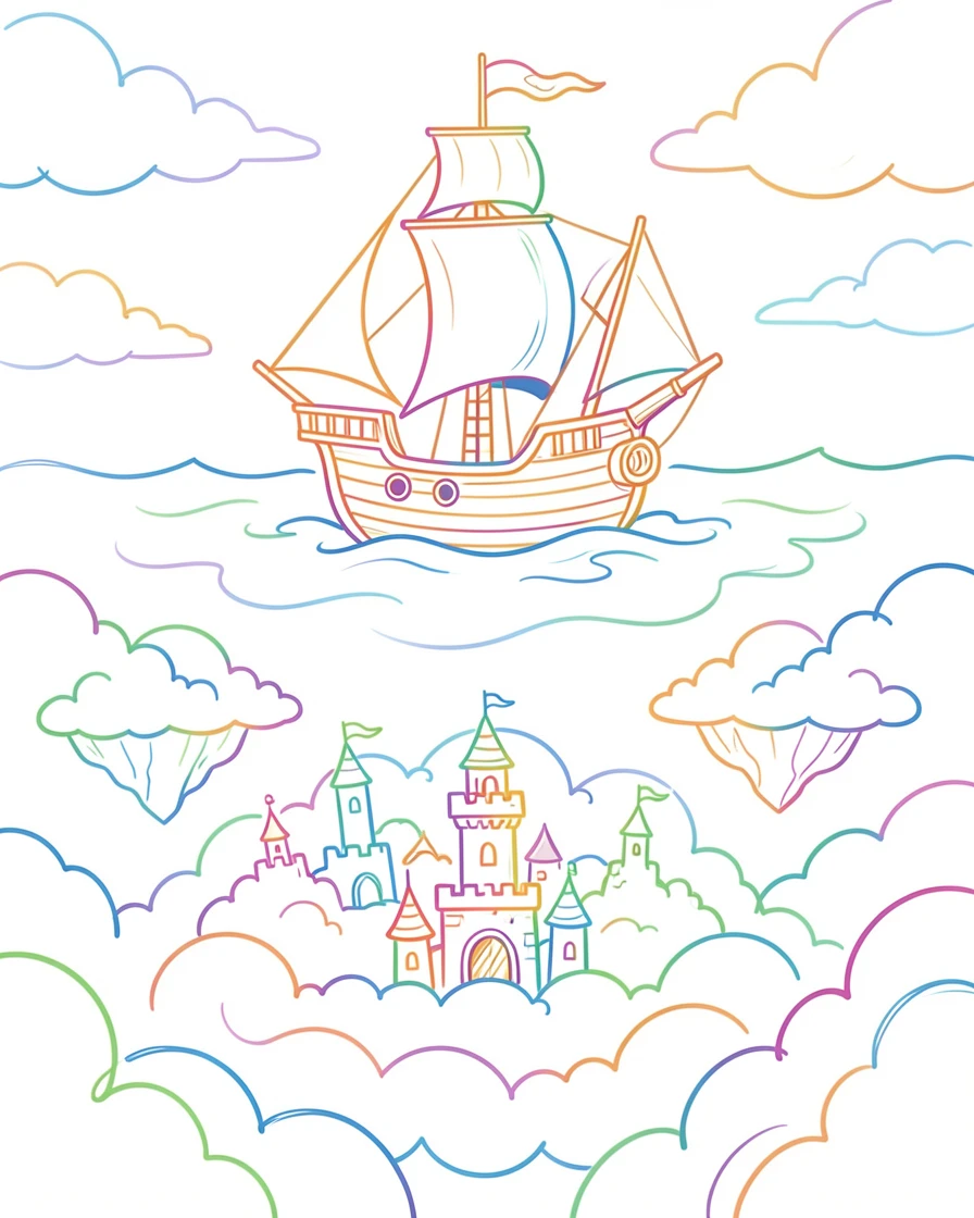 A pirate ship sailing through a sky ocean above a fantastical cloud kingdom.