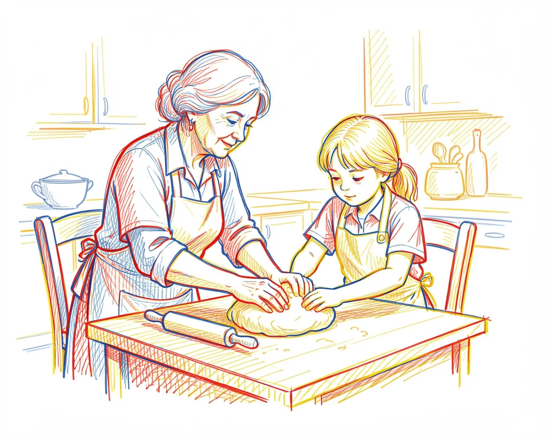 A grandmother teaching her granddaughter to knead dough in a warm kitchen