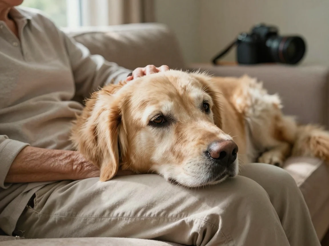A senior dog resting its head on its owner's lap