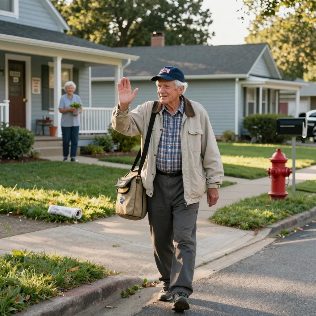 A retired postman walks his old delivery route just for the exercise, waving to neighbors.