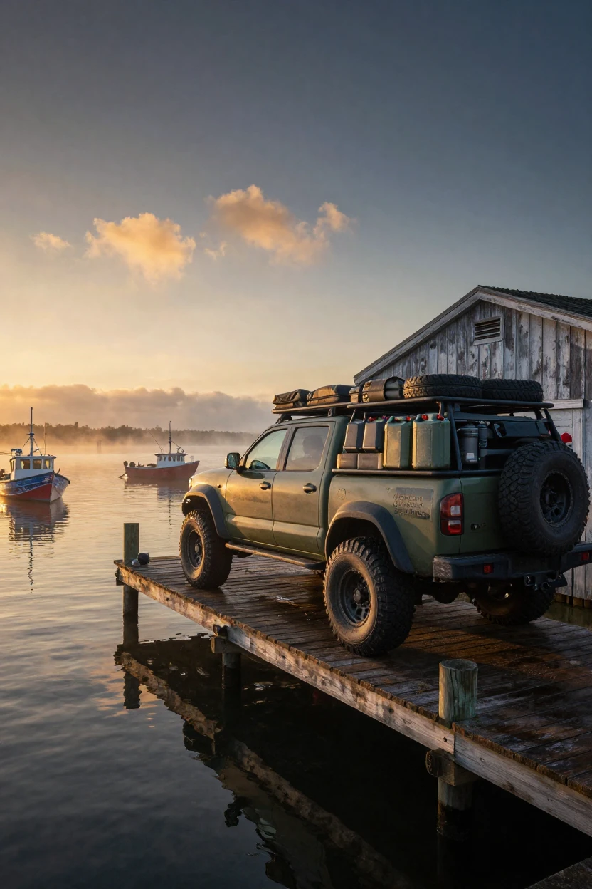 A rugged expedition truck resting quietly in a small harbor at sunrise