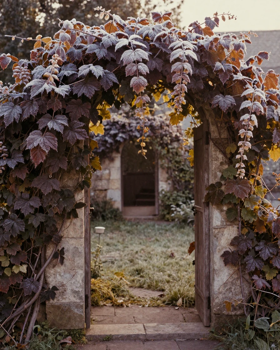A vine-draped archway leading into a hidden courtyard, in warm morning light, with frost coating every surface, during the long days of summer, with rich burgundy and gold accents, at eye level, intimate and direct.