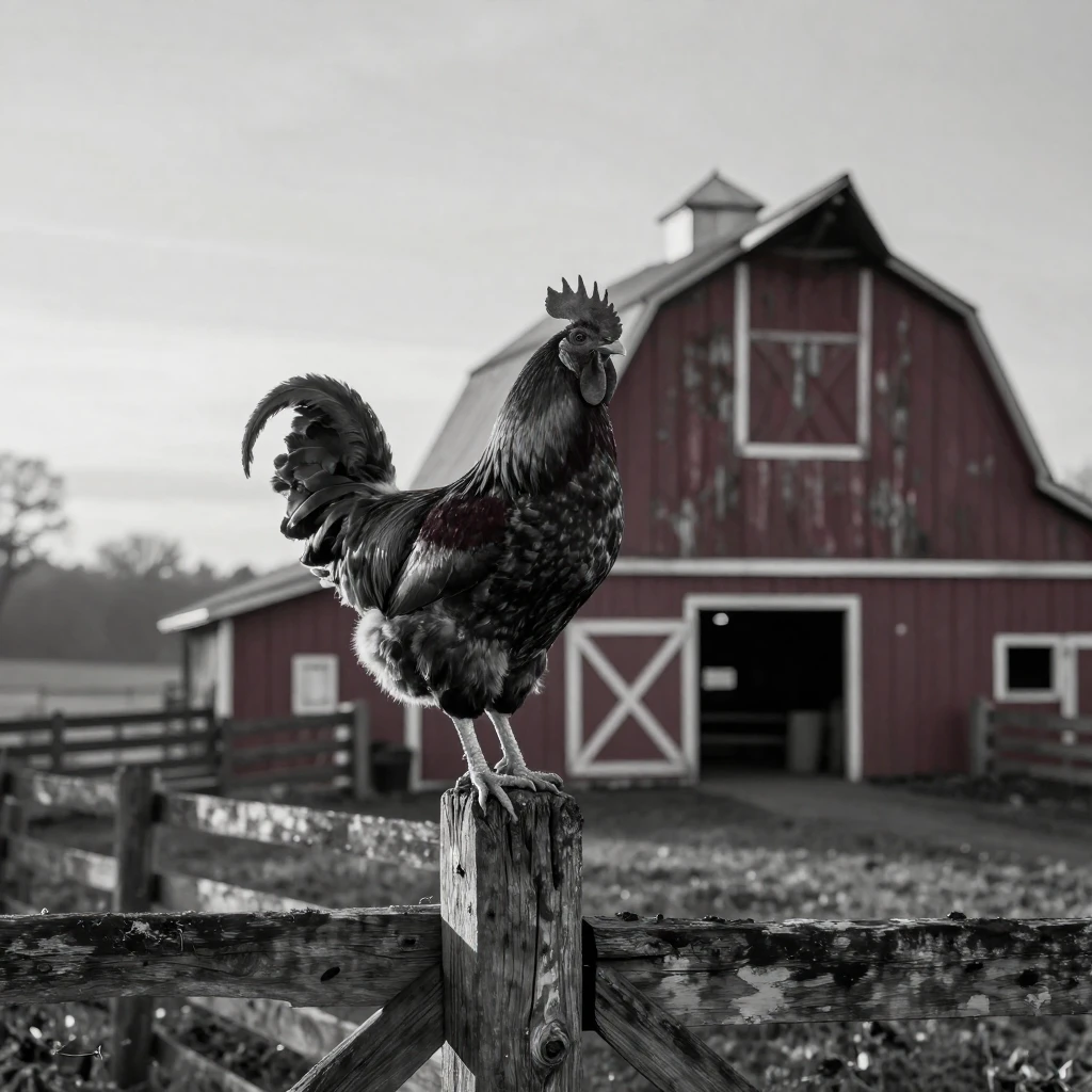 A rooster crows atop a fence post at sunrise beside a red barn.