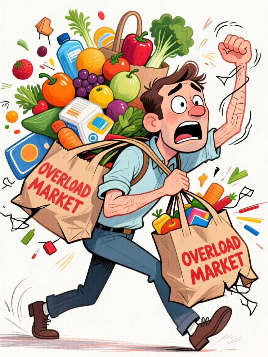 A man attempting to carry too many grocery bags at once, arms visibly shaking.