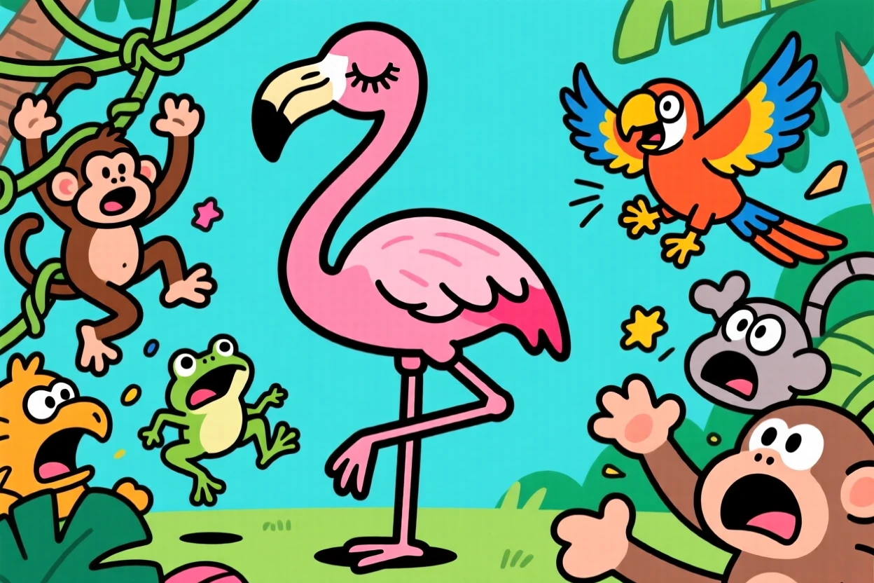 A charming animal moment featuring a sassy flamingo standing on one leg with its beak tilted up, unbothered by the chaos around it.