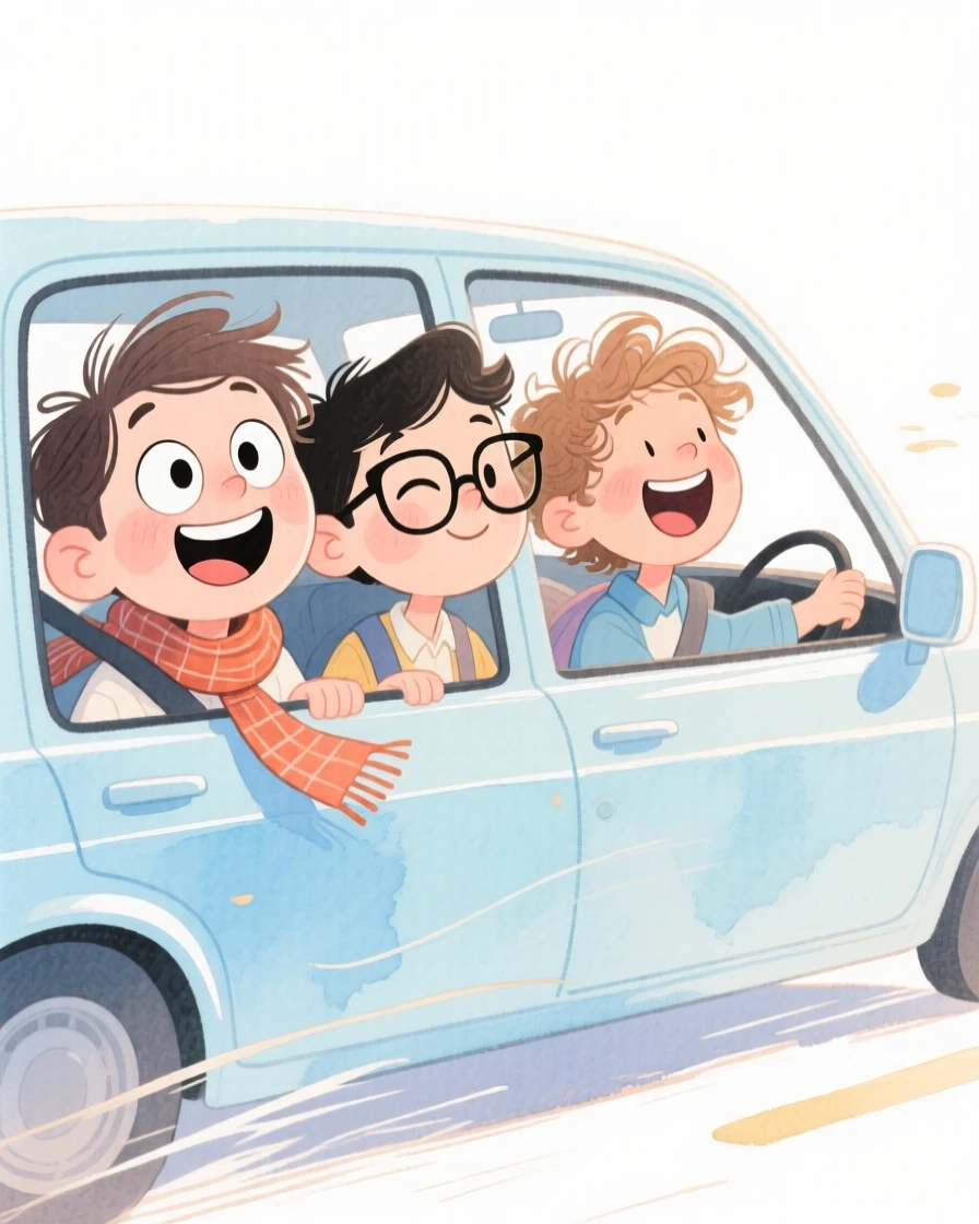 A trio of college friends road-tripping together with the car windows down