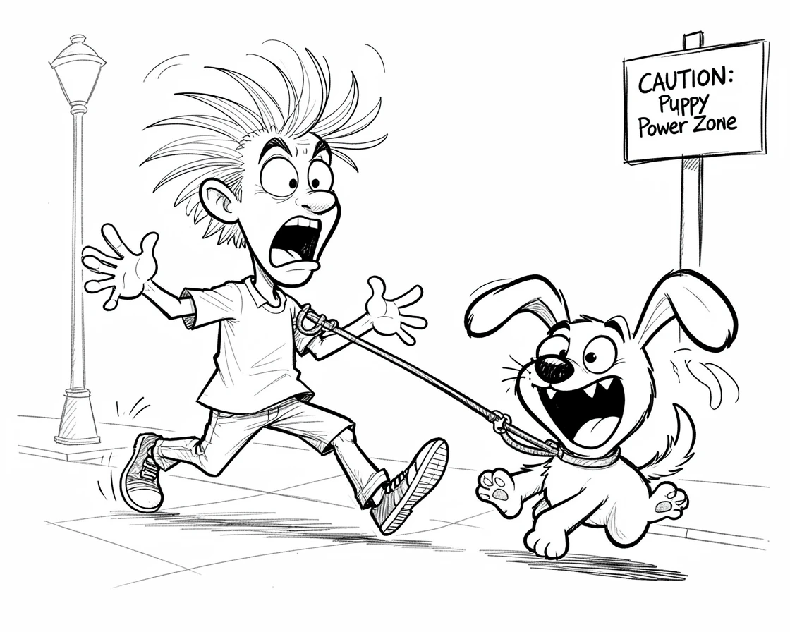 [Funny & Exaggerated Situations] Comical scene of a dog owner being dragged down the street by an eager puppy, exaggerated for maximum laughs