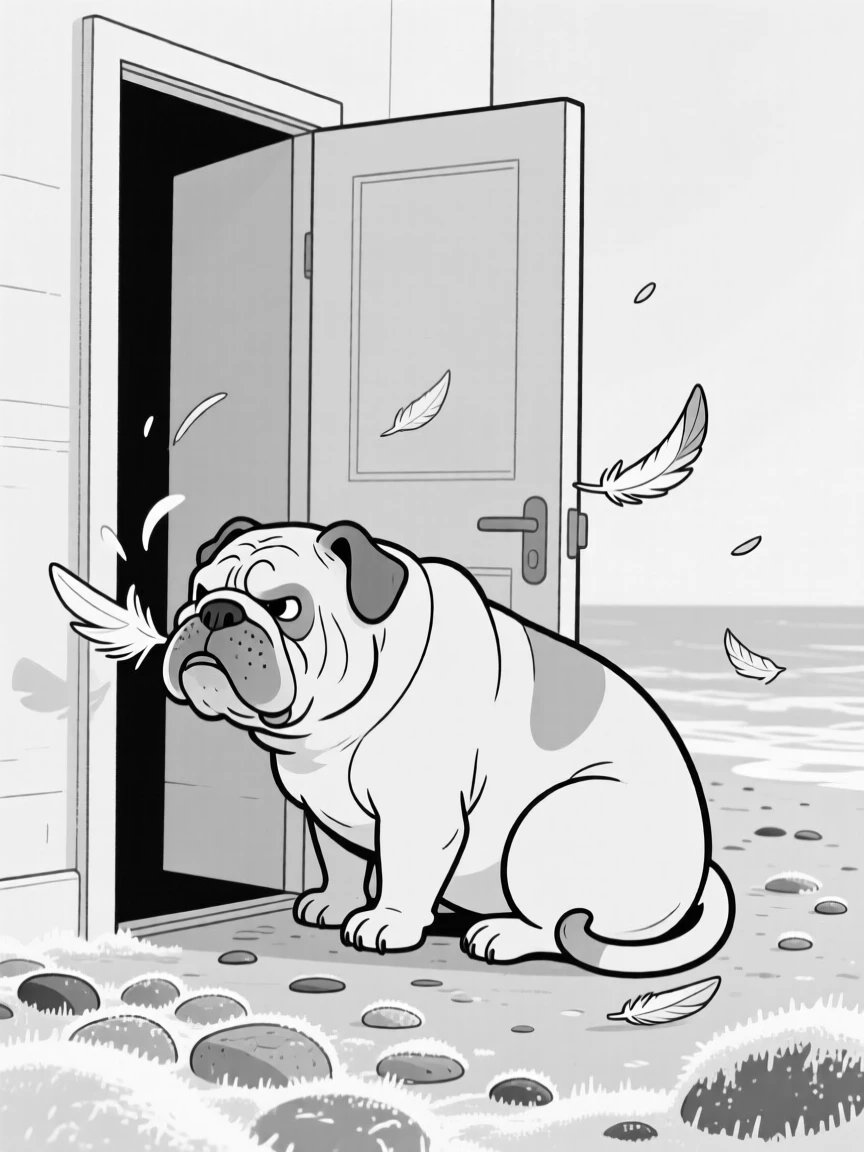 A stubborn bulldog refusing to move from a doorway, unrolling slowly to sniff the air, set on an icy pebble beach. Feathers scatter from an overenthusiastic flap. The scene captures unconditional, goofy love.