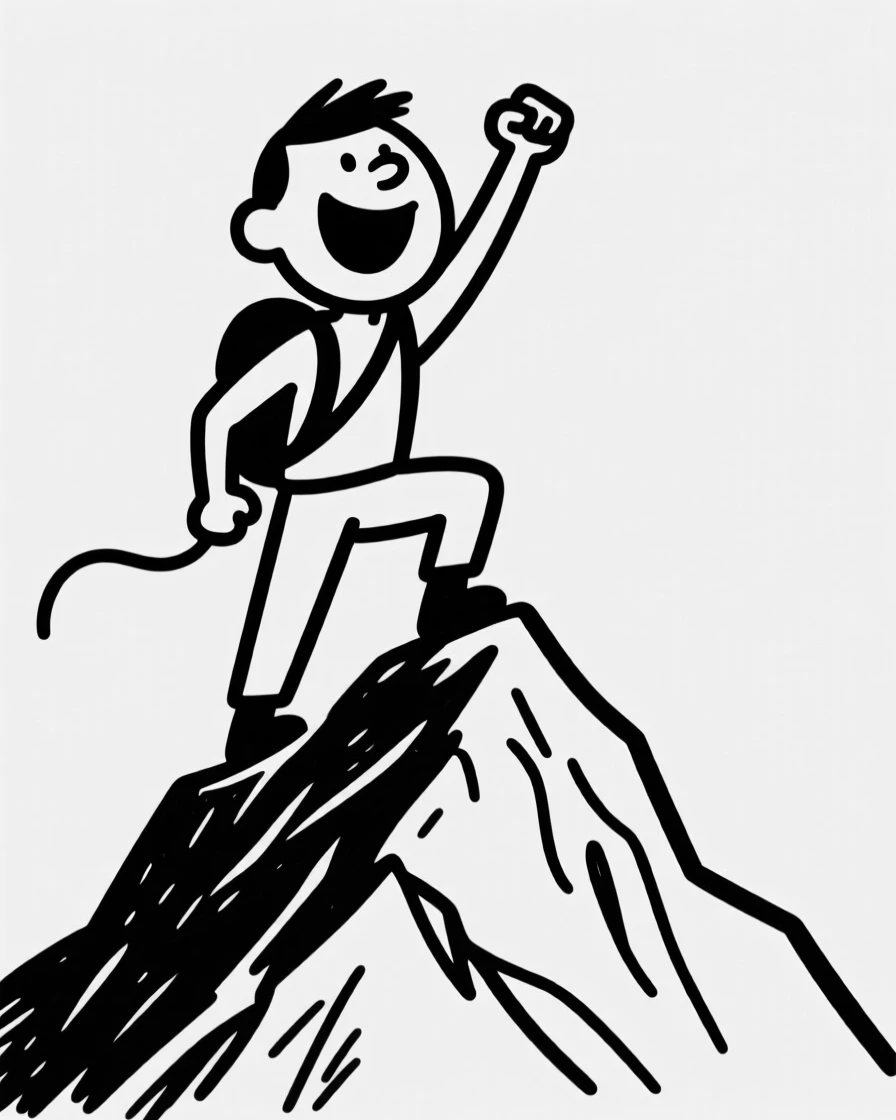 A hiker standing triumphantly atop a mountain peak, arms outstretched at the summit.