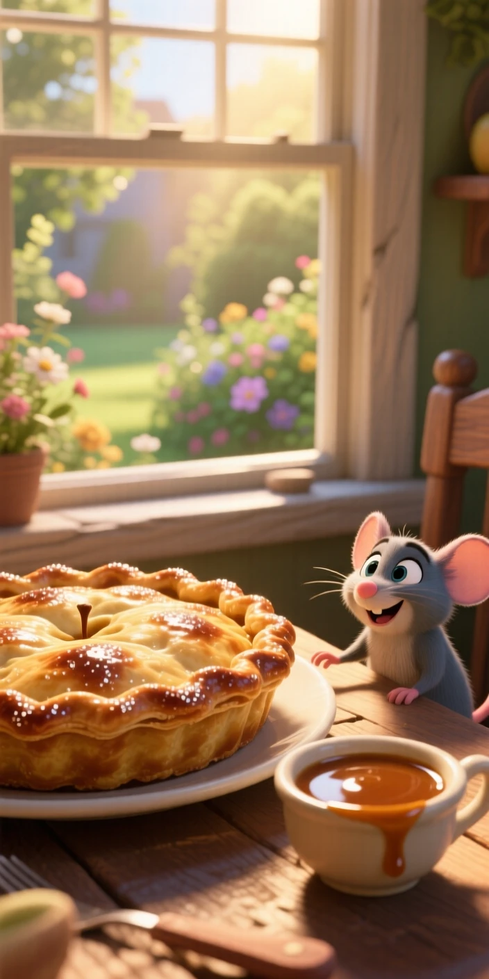 A golden-crusted apple pie sits beside a window with morning light streaming in, beside a small dish of dipping sauce. A cheerful, mouthwatering warmth surrounds the dish.