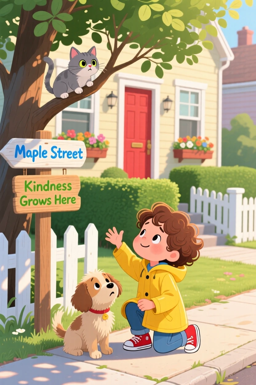 A child and a lost puppy share a tender moment rescuing a kitten stuck in a tree in a quiet neighborhood sidewalk, as a new friendship quietly begins.