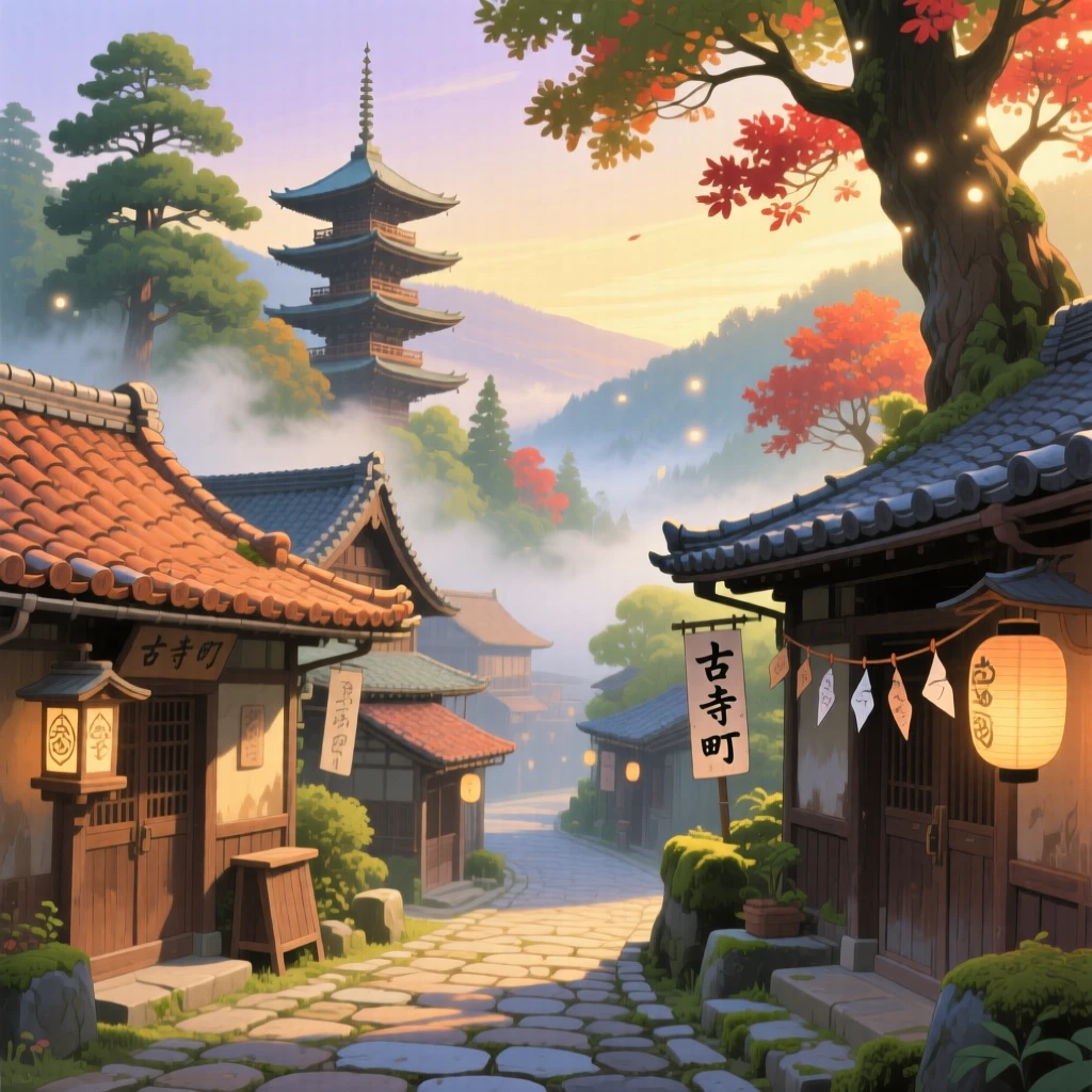 A scenic view of an ancient temple town wreathed in morning mist, with terracotta rooftops catching the afternoon light.