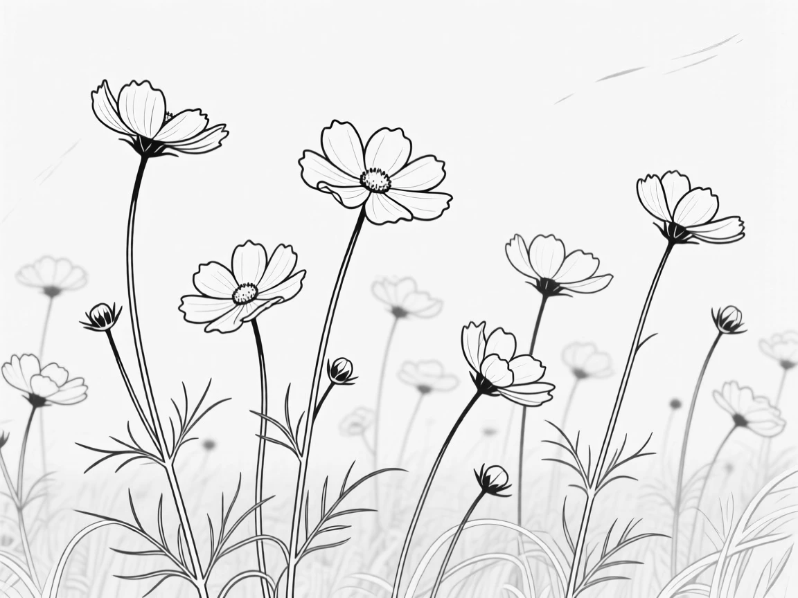 A field of cosmos flowers swaying together