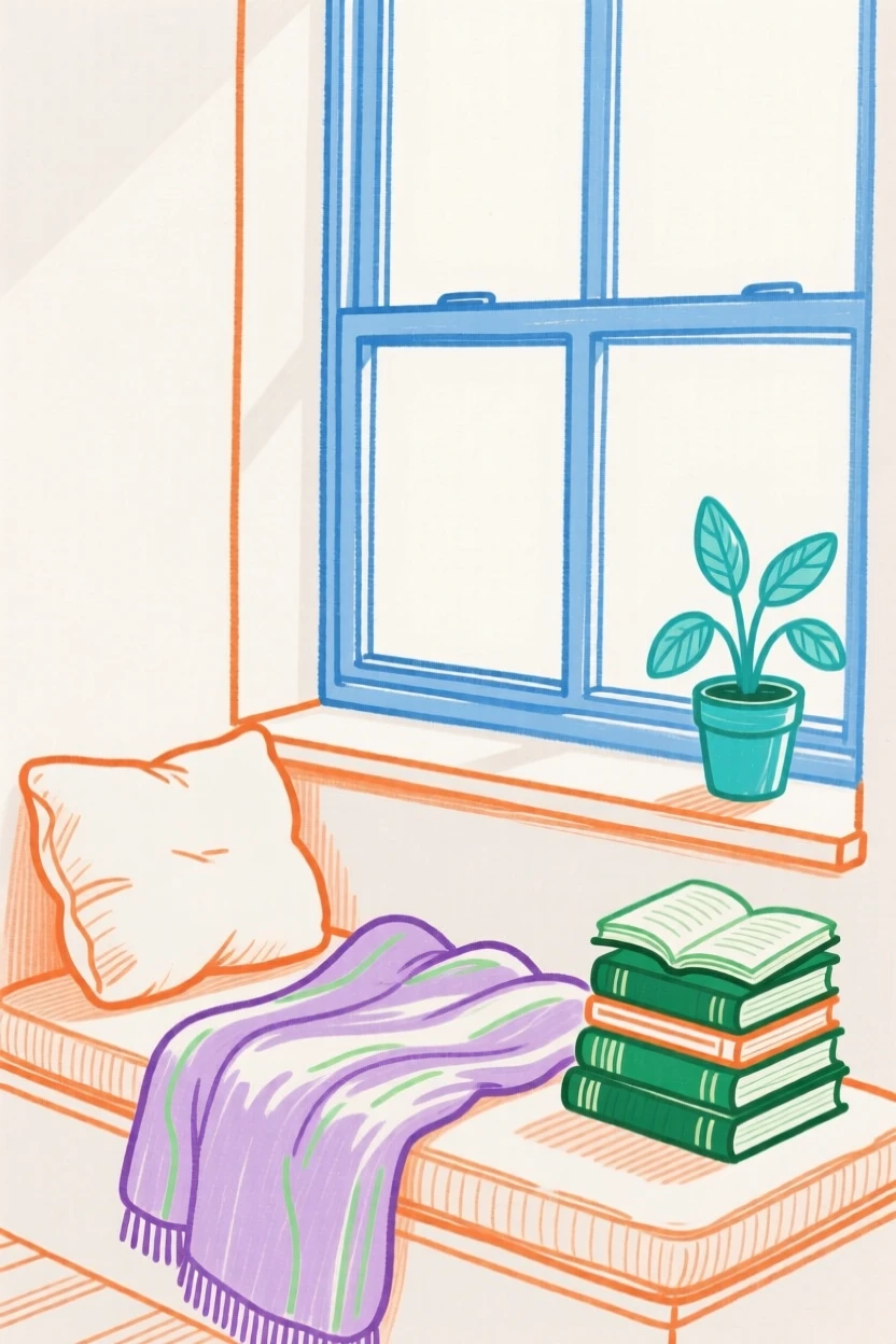 A cozy reading nook with a blanket and stacked books by a window.