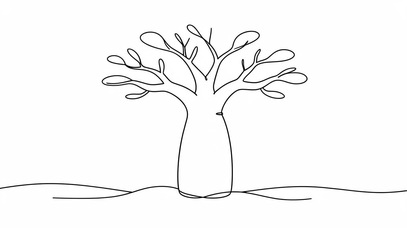A lone baobab tree standing against a wide open African plain