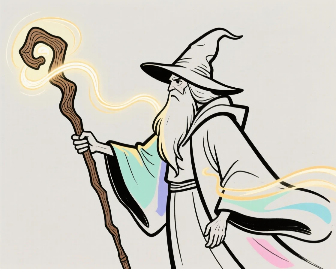 A wizard casting a glowing spell from an ancient wooden staff.