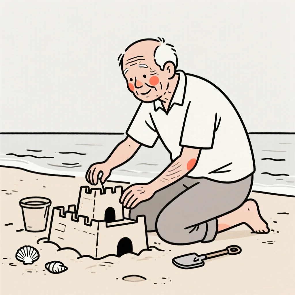 An elderly man building a sandcastle by the shore.