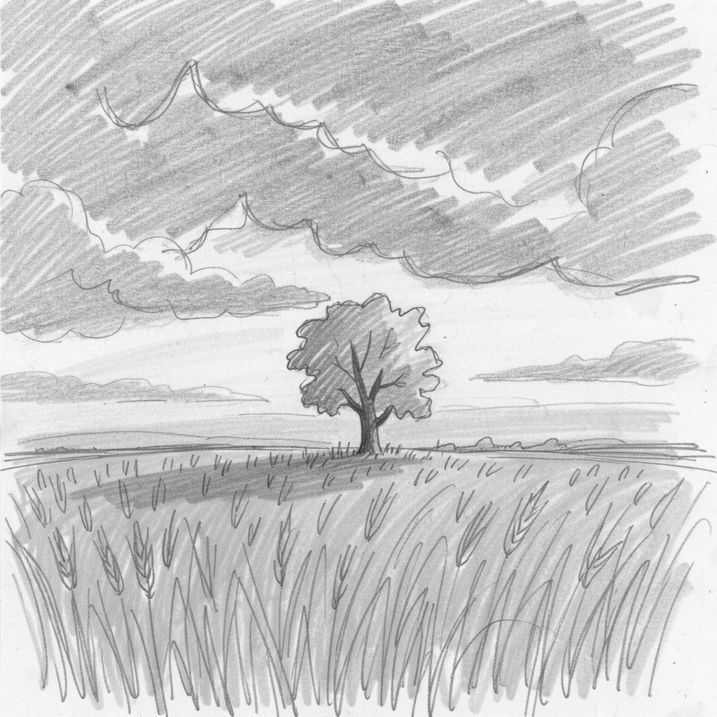 Sweeping landscape of a golden wheat field at sunset beneath dramatic storm clouds, with a lone tree silhouetted on the horizon.