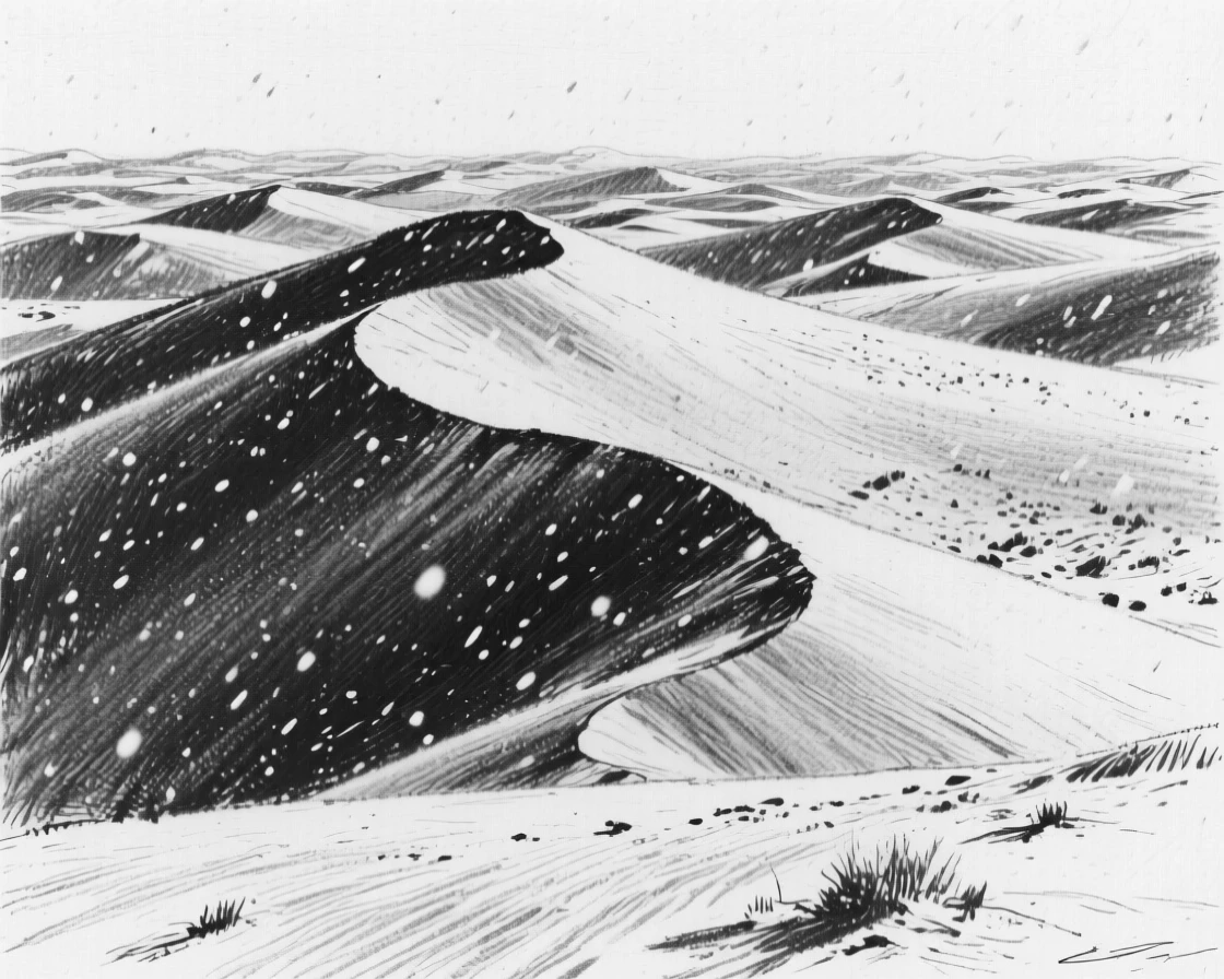 A vast desert dune field as a light snow begins to fall.