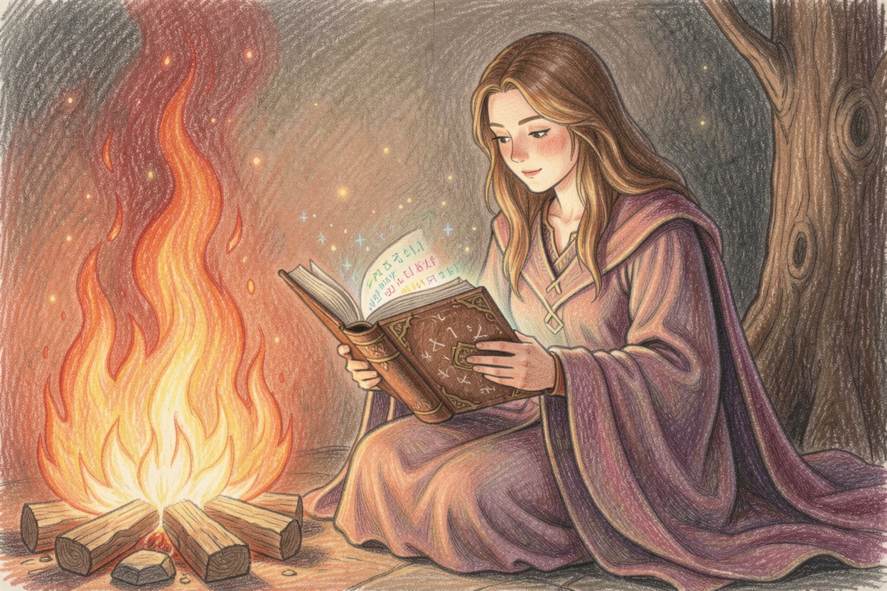 A sorceress reading an ancient spellbook beside a roaring fire, with soft glowing light illuminating every magical detail, capturing a sense of adventure and quiet magic.