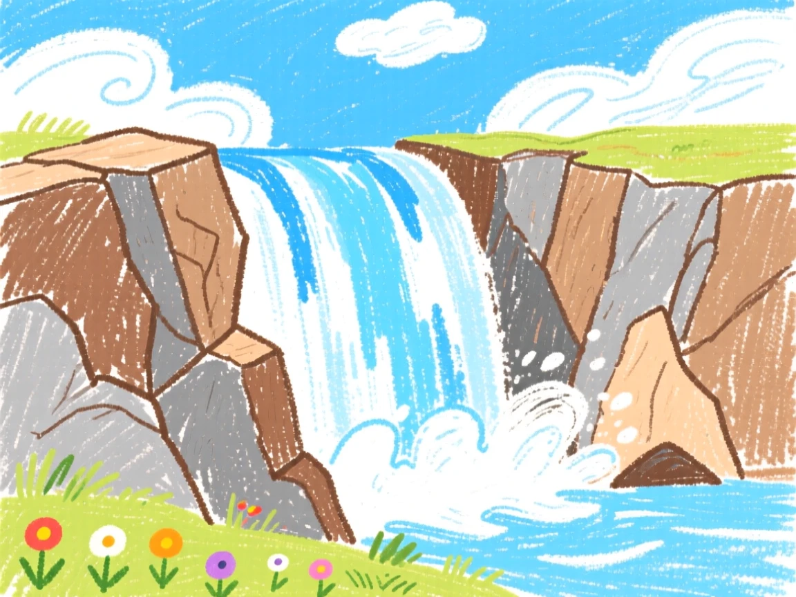 A wide waterfall thundering over a rocky cliff edge.