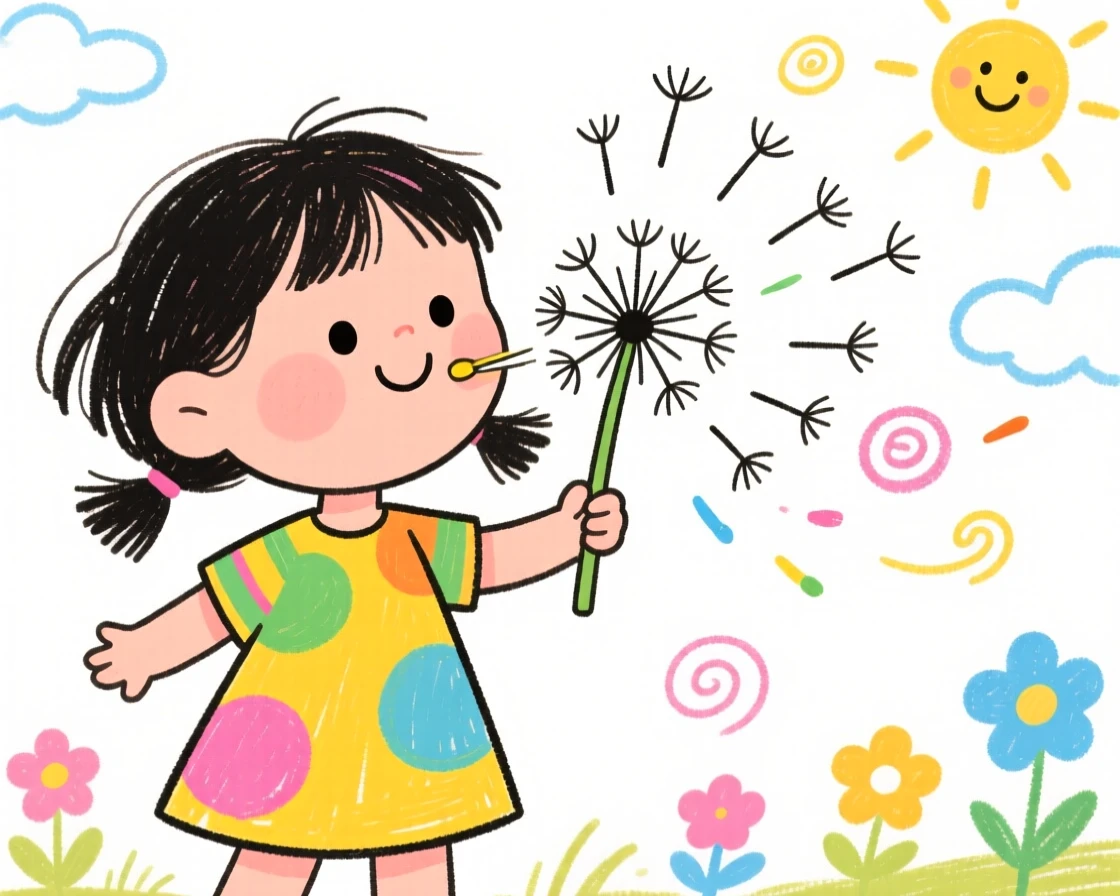 A little girl blowing dandelion seeds into the wind.