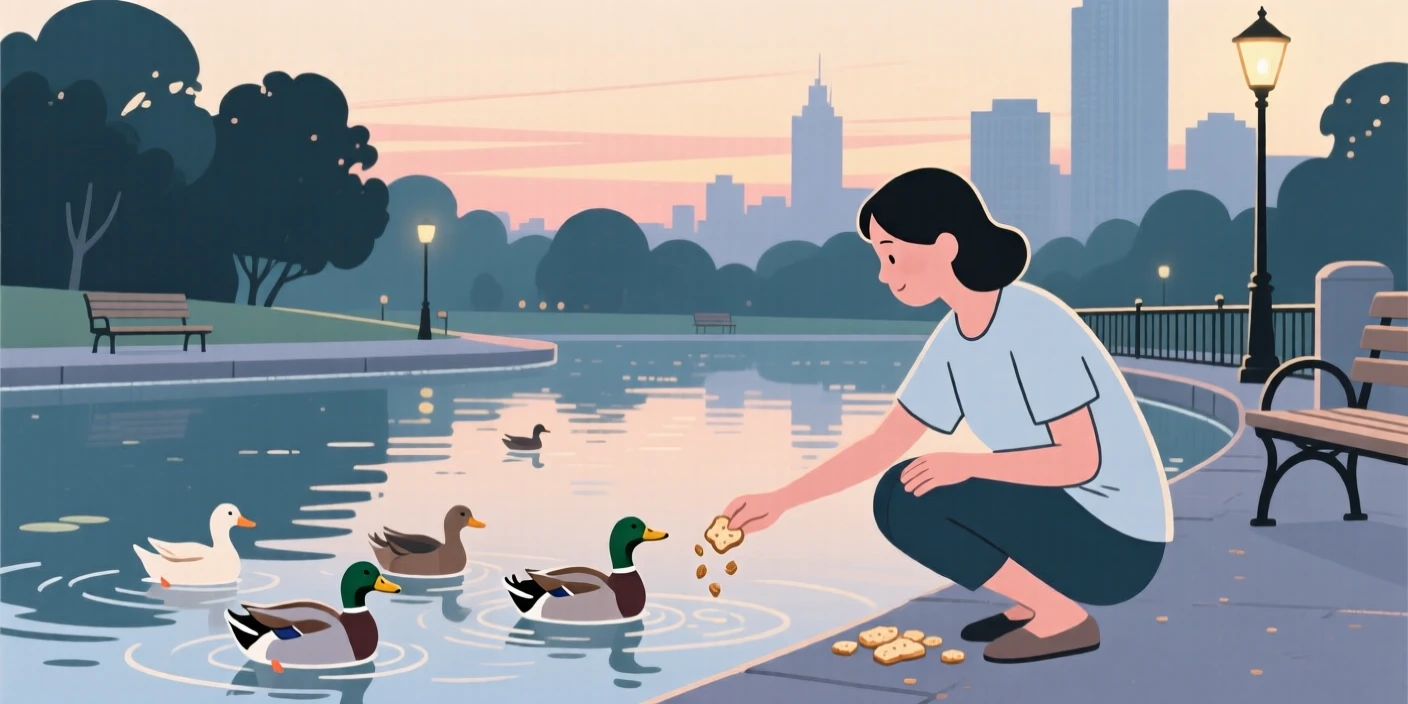 A new parent feeding ducks at a pond on a quiet summer evening in the city.