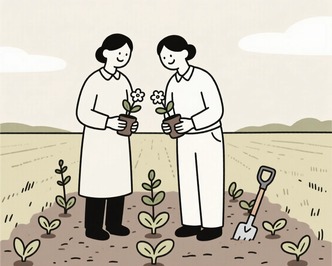 Two teacher tending to a garden together in a countryside field, sharing a moment of gentle happiness.