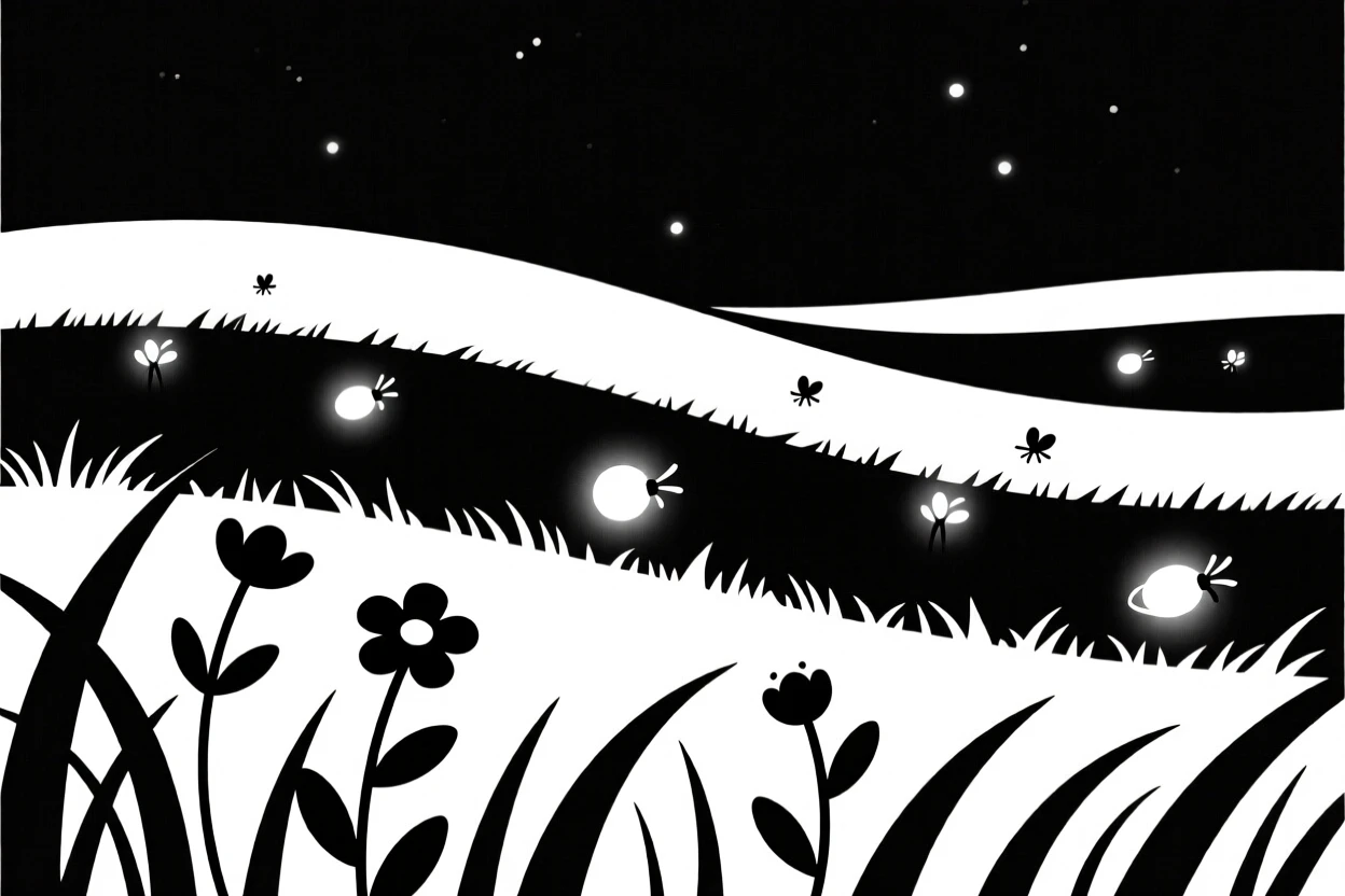 Fireflies lighting up a summer meadow.