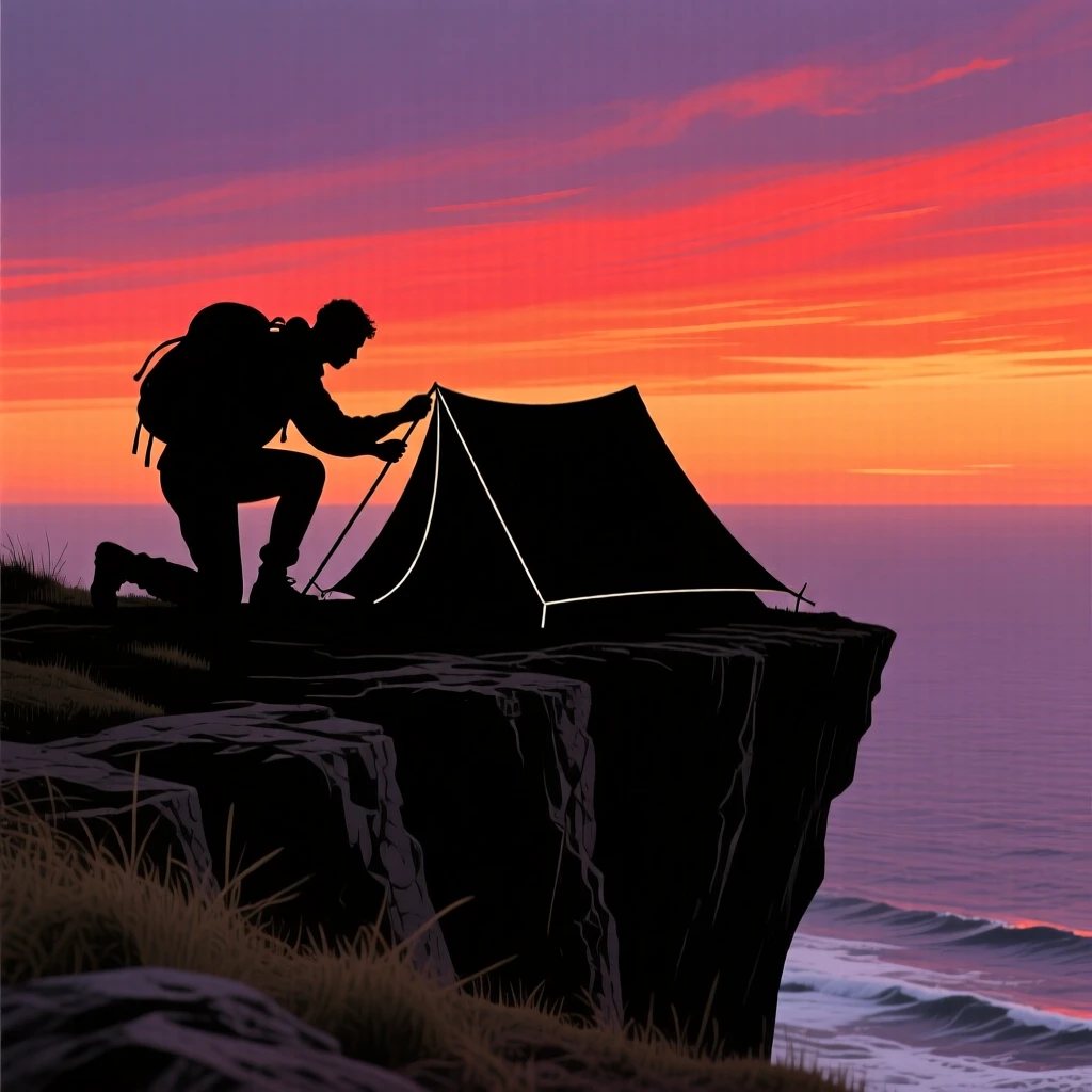 A backpacker pitching a tent on a remote cliffside overlooking the ocean.