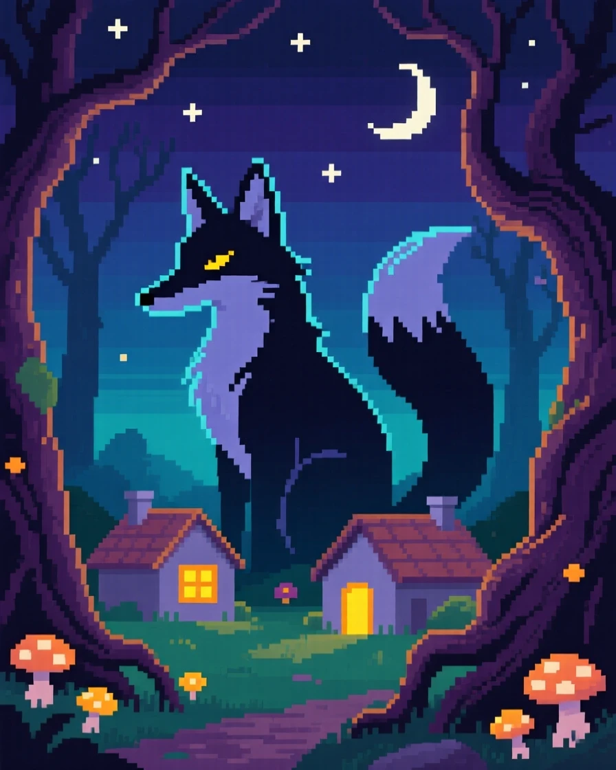 A shapeshifting fox spirit watching over a sleeping village at night, in an ancient enchanted forest.