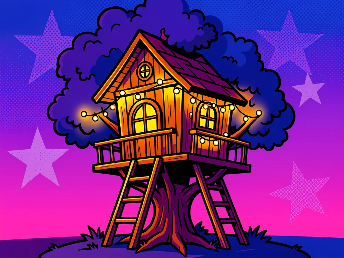 A treehouse lit warmly with fairy lights at dusk