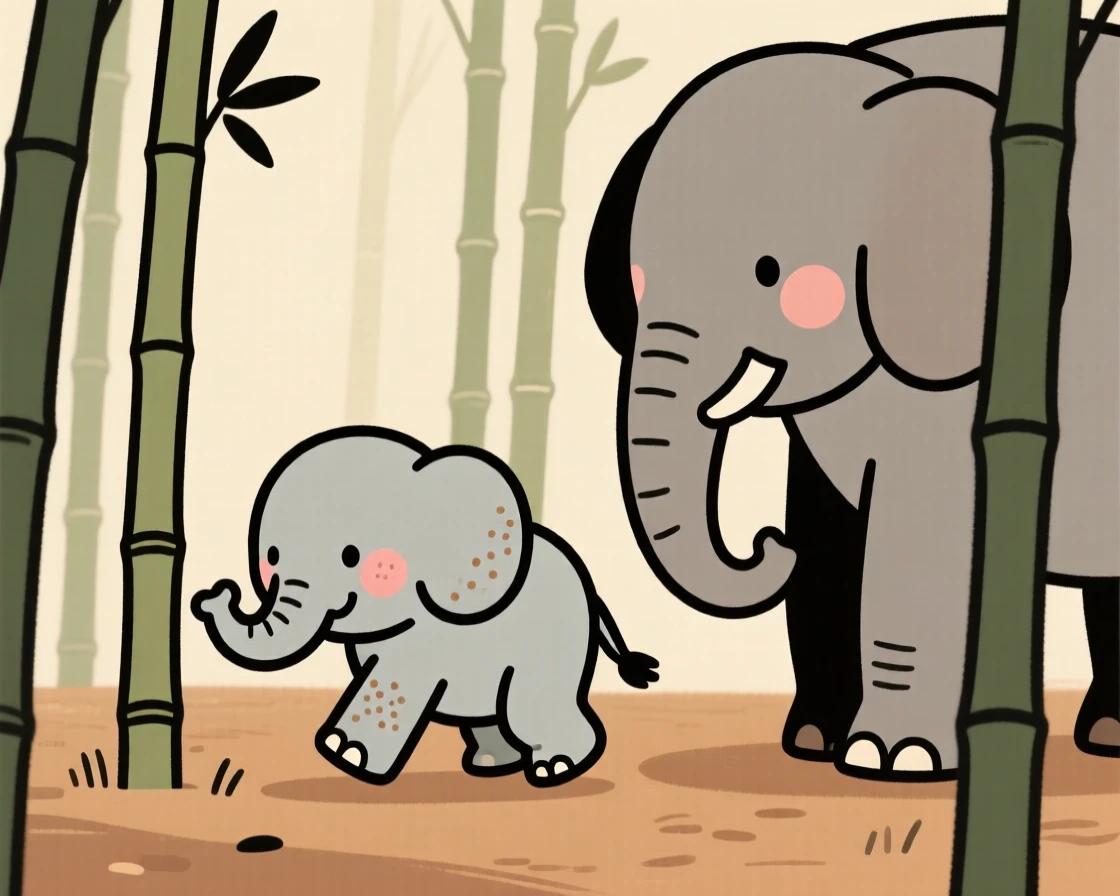 A baby elephant explores a bamboo grove for the first time, taking wobbly first steps while a nearby mother watches with gentle patience.