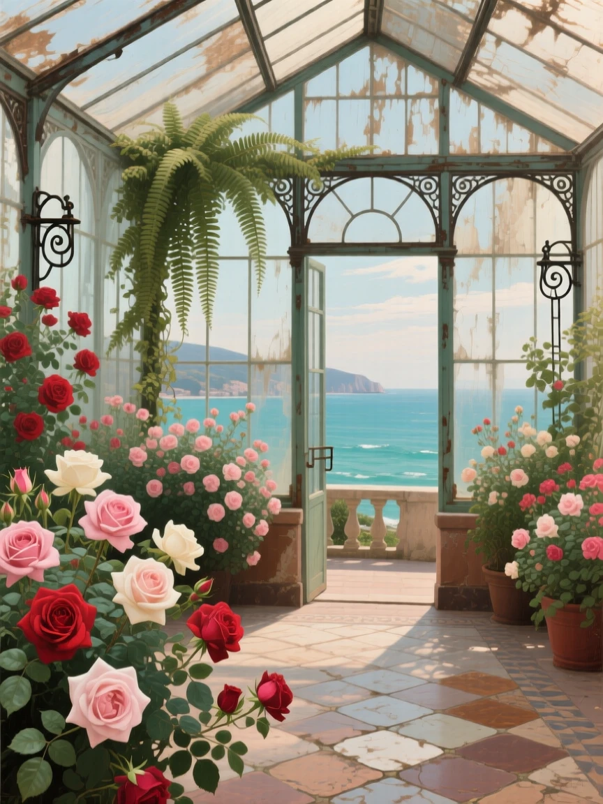 A sweeping wide shot of a greenhouse filled with blooming roses and hanging ferns, in the interwar years, along the Turkish coast.