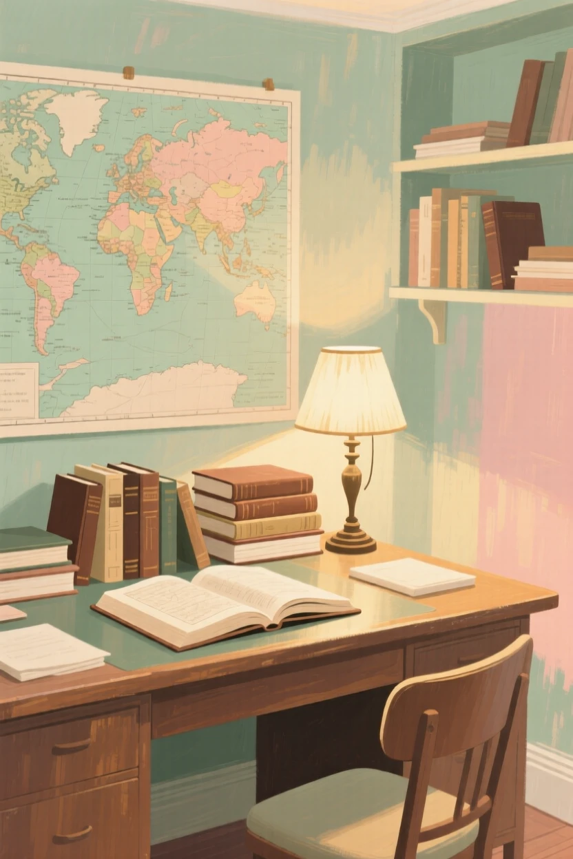 A quiet study filled with maps, books, and a warm reading lamp