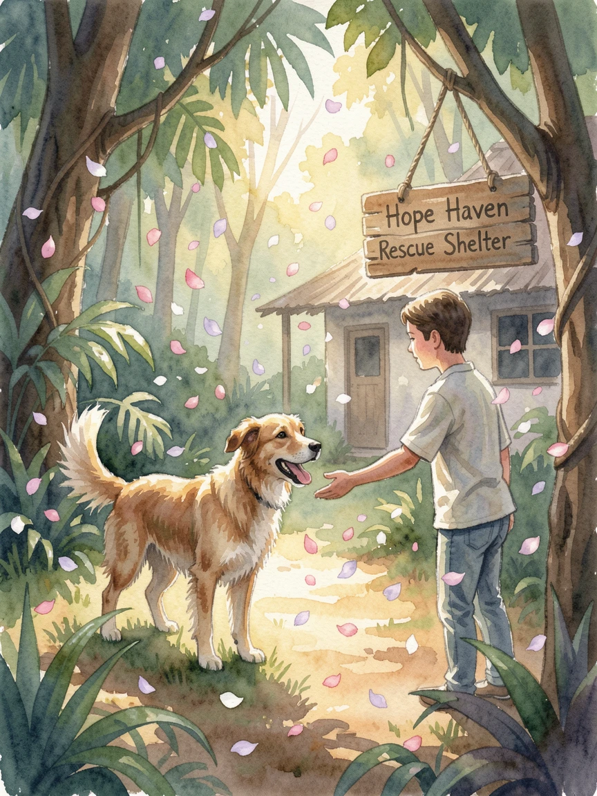 A rescue dog getting adopted at a shelter in a lush jungle clearing surrounded by falling flower petals.