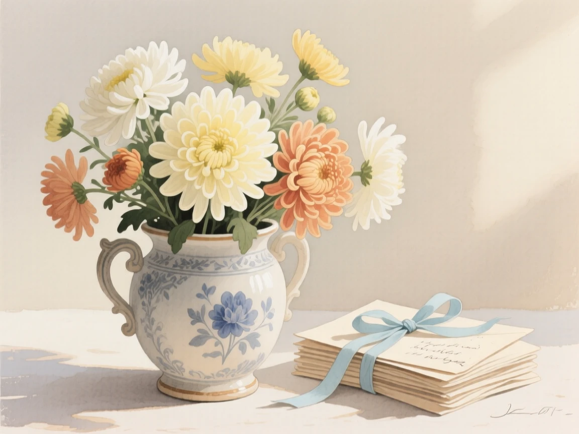 A bouquet of chrysanthemums in soft, layered tones fills an antique porcelain urn beside a stack of handwritten letters, petals catching the gentle light