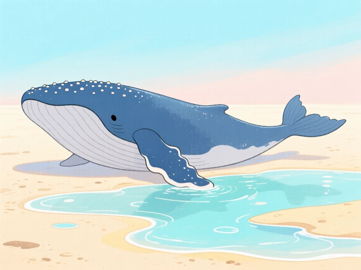 A close-up portrait of a majestic humpback whale in a sandy beach at low tide.