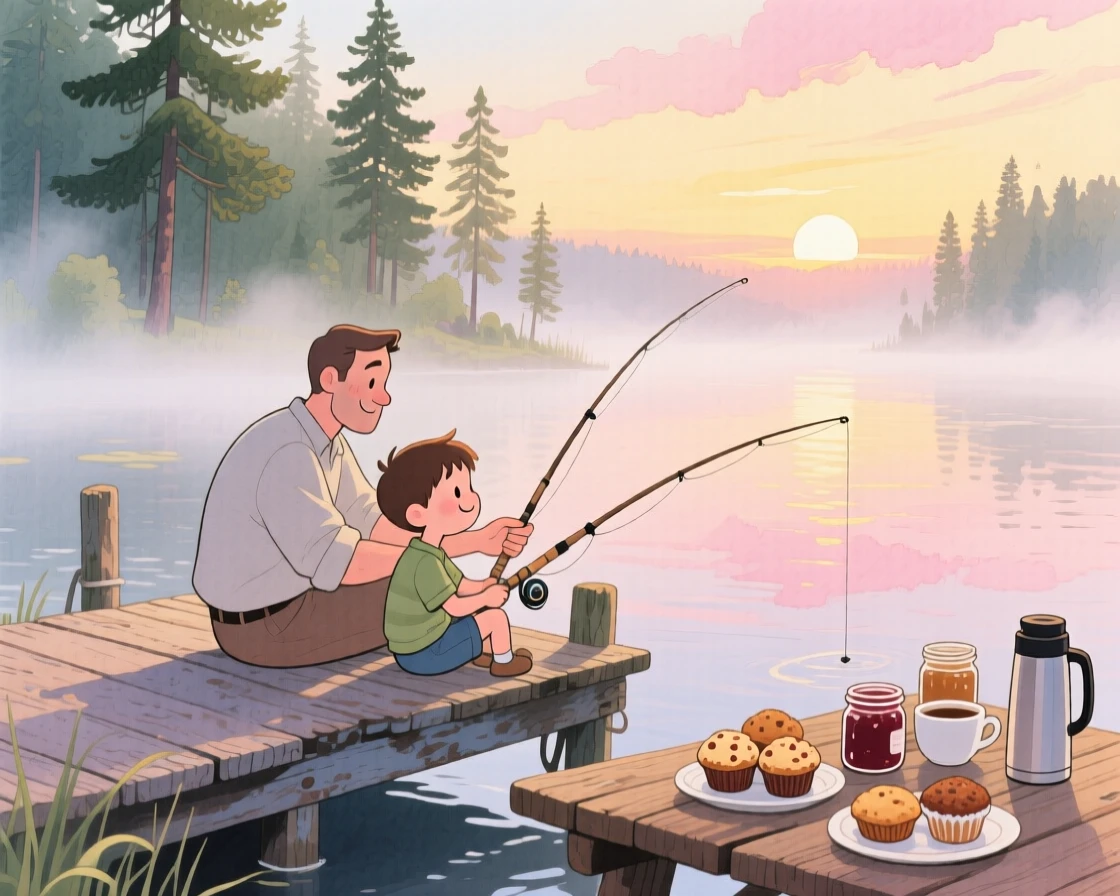 A father and son fishing off a wooden dock as the sun rises, in a misty lake surrounded by pine trees, with a table set with homemade treats, a quiet moment of connection and teaching.