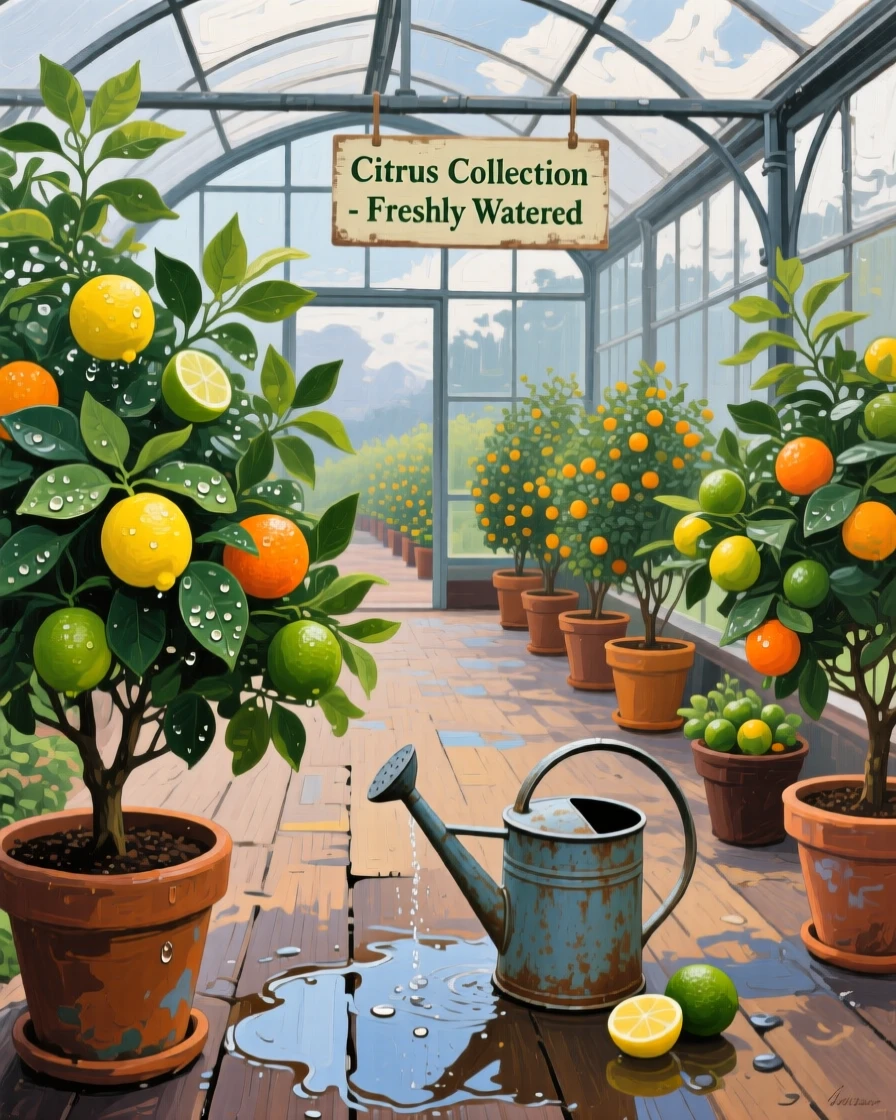 a greenhouse filled with potted citrus trees, just after watering, with a balanced, spacious view of the surroundings.