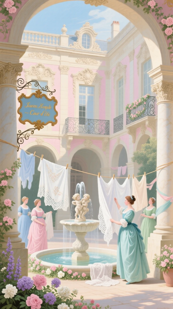A palace laundry courtyard where linens billow beside a fountain  
