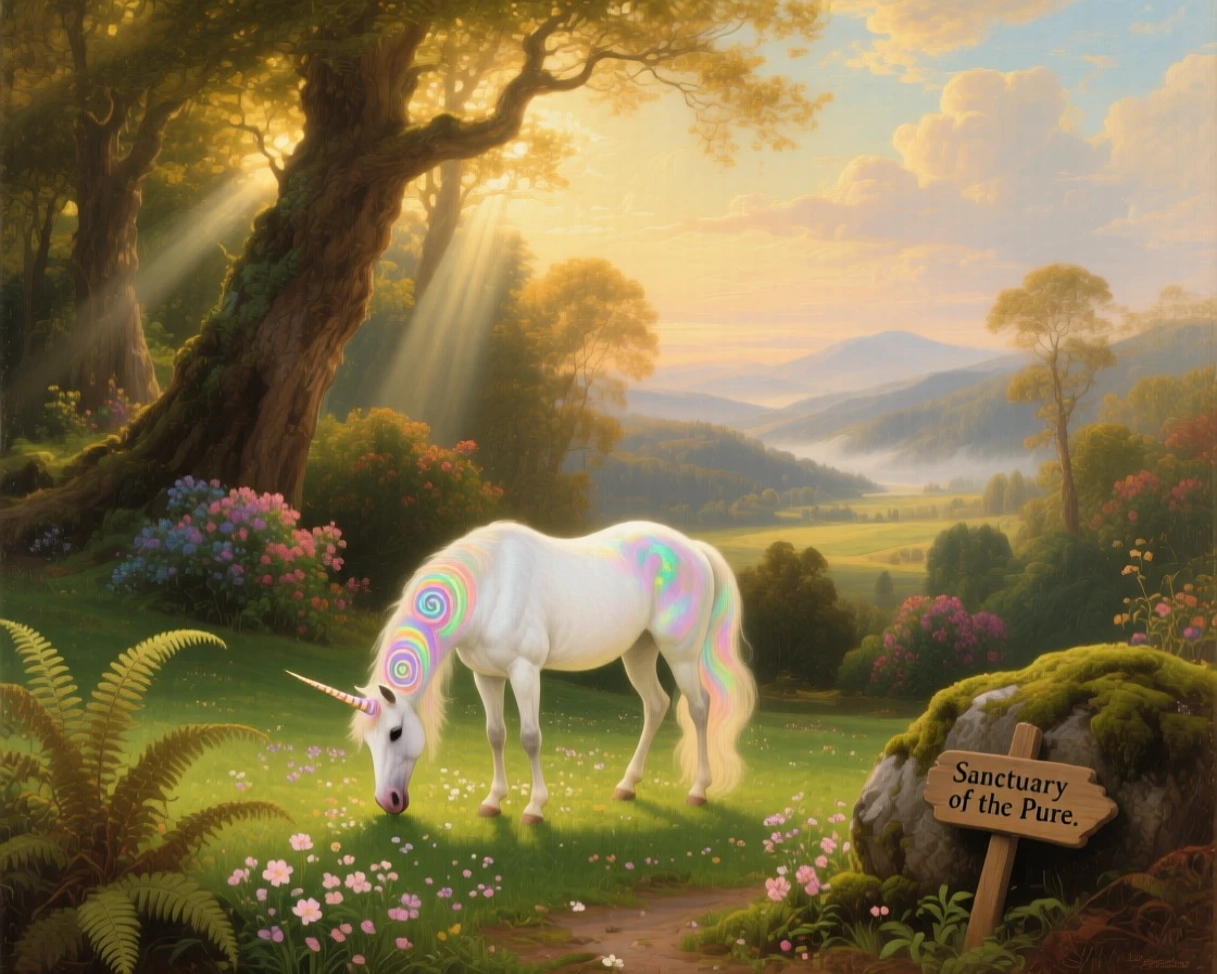 A unicorn grazes peacefully in an enchanted, sunlit glade.