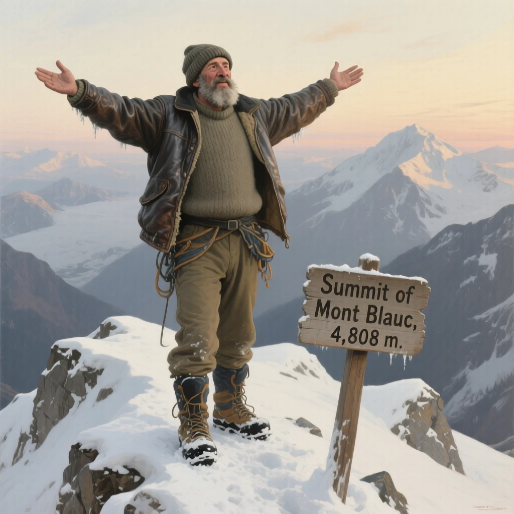 A mountaineer standing triumphantly at a snowy summit, arms outstretched, every wrinkle and expression telling a story of a life fully lived, offering a tender and unforgettable glimpse into the human spirit