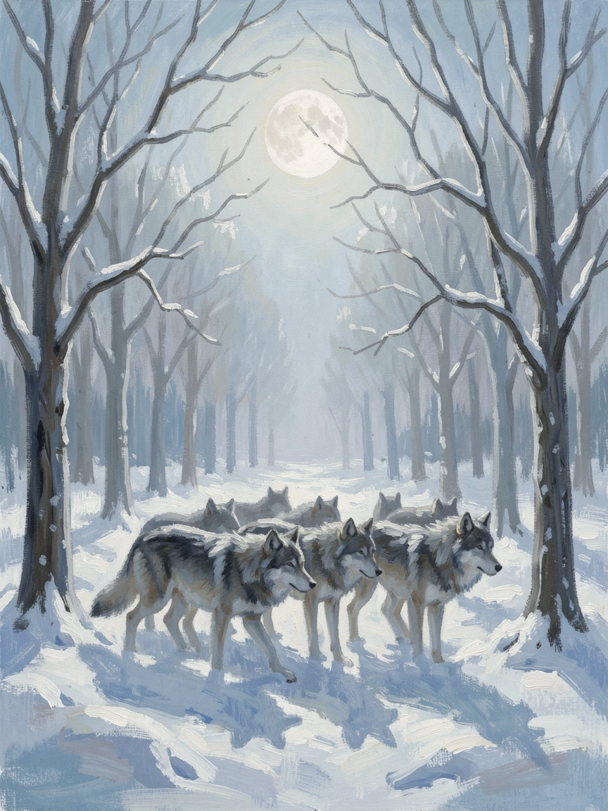 A wolf pack moving silently through a snow-covered forest under a full winter moon.