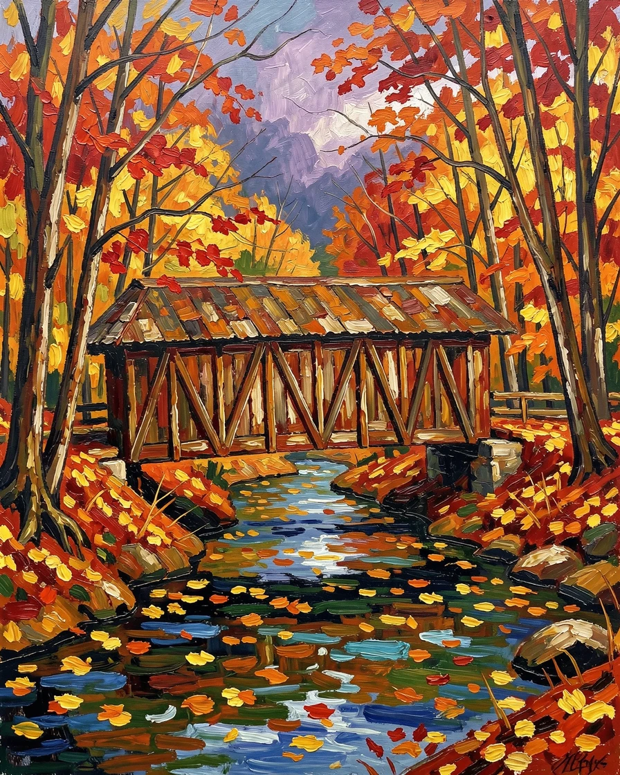 A rustic covered bridge crossing a stream in the heart of an autumn forest.