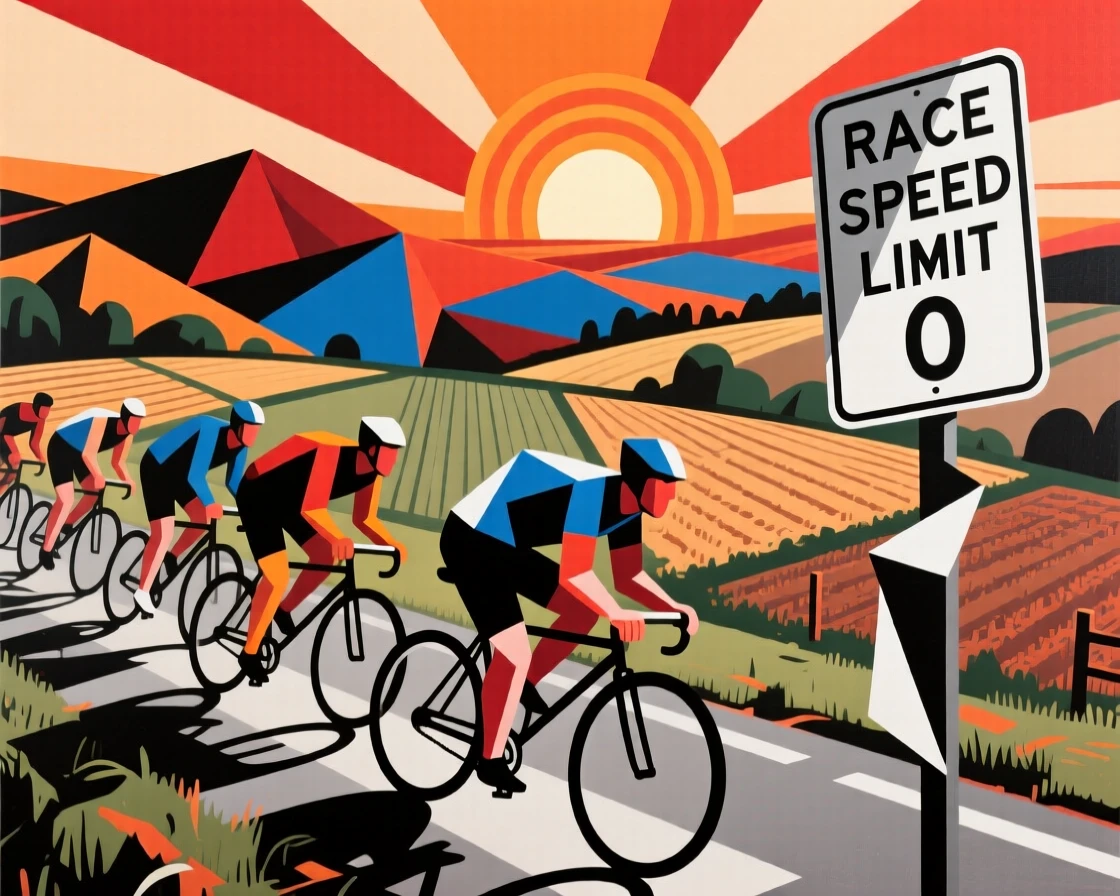 An energetic scene of a group of cyclists racing through a scenic countryside, captured as the sun rises over the horizon.