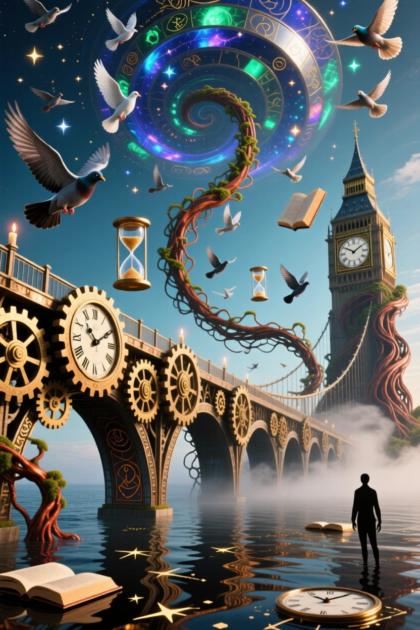 A bridge made of interlocking clock gears stretches farther than the eye can follow, and a spiral of doves circles above it.