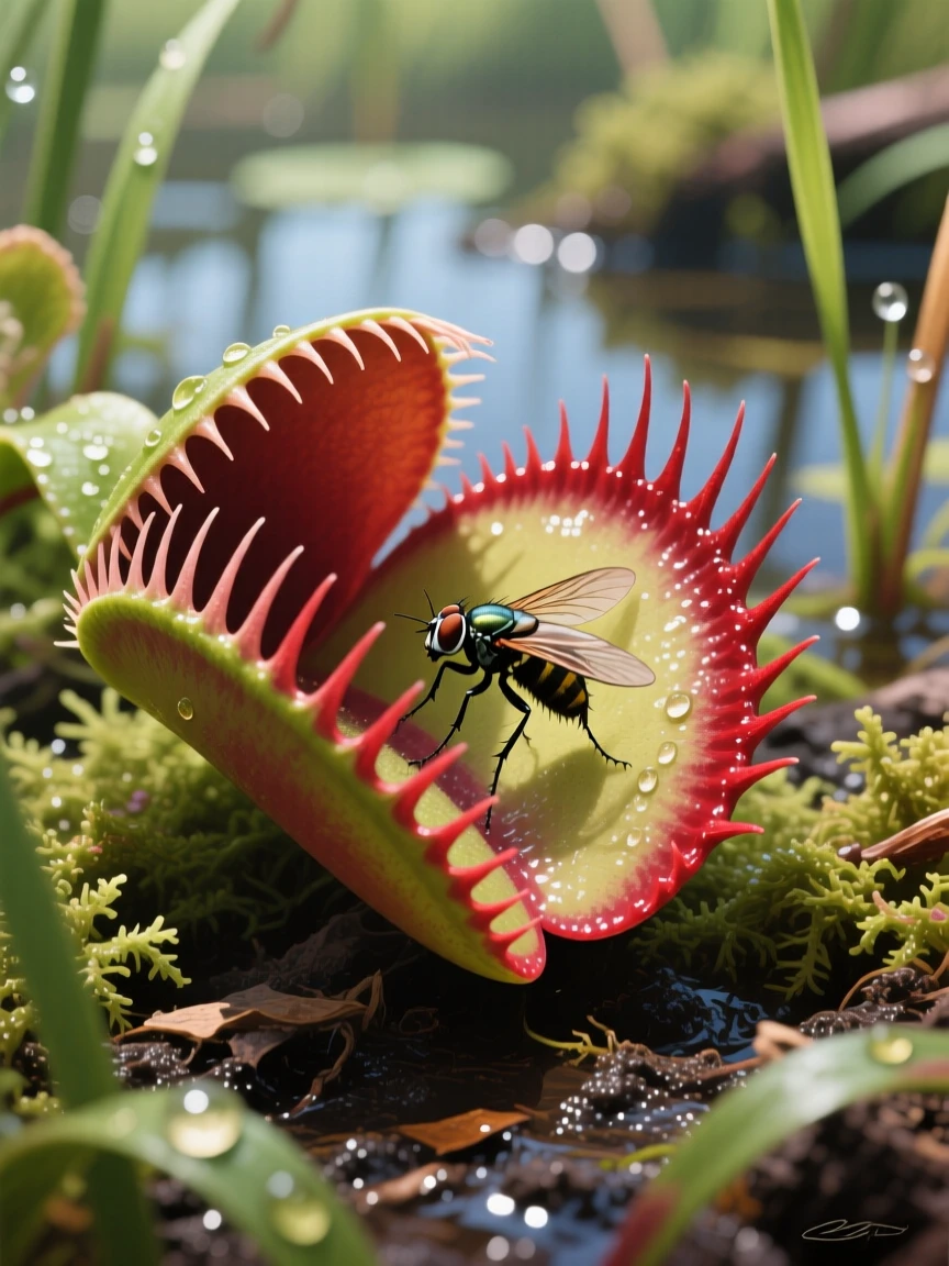 A close-up of a Venus flytrap in a bog garden shows its red-lined jaws open wide, a small insect cautiously approaching the trigger hairs, the whole scene holding a quiet, unhurried stillness broken only by distant natural sounds.