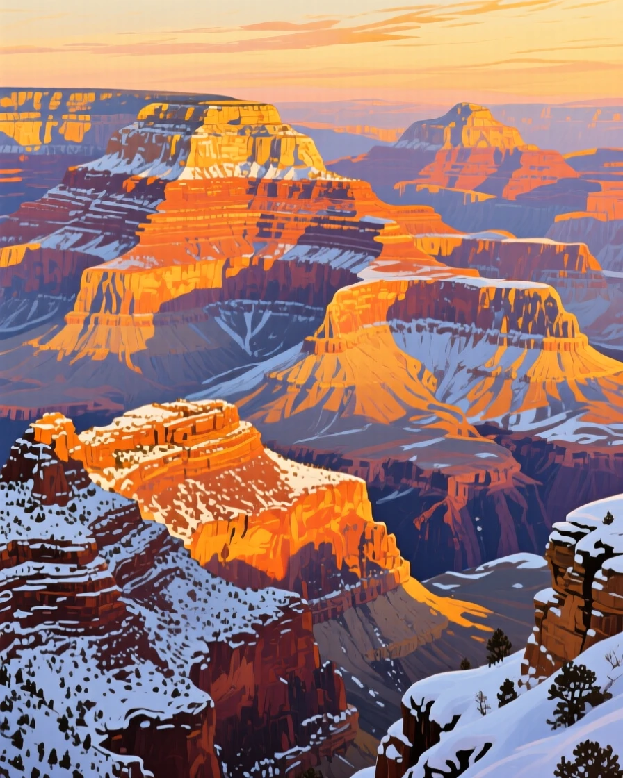 The Grand Canyon's layered cliffs glowing in warm light, bathed in golden sunset light, snow dusting every surface