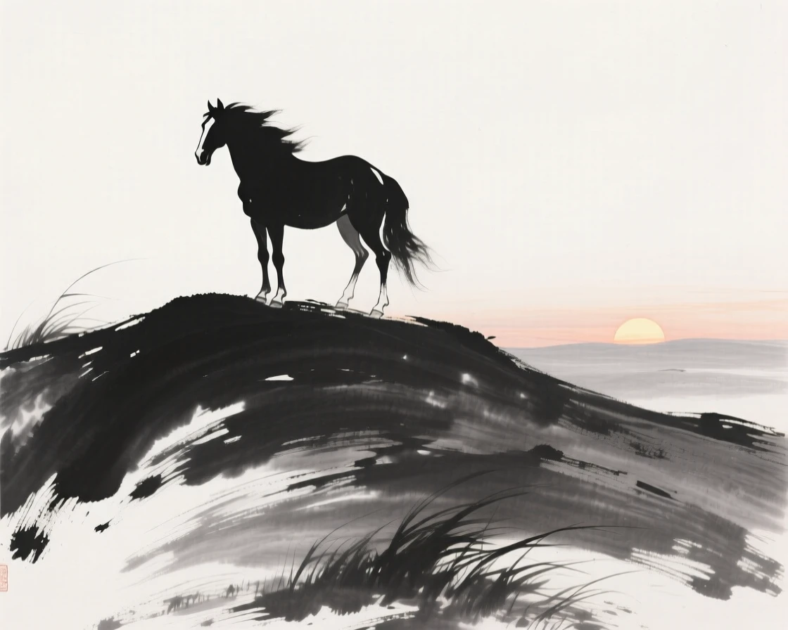 A lone horse stands silhouetted atop a windswept hill, as the sun sinks below the horizon.